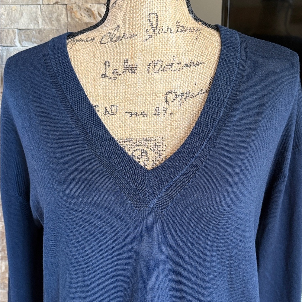 J. Crew 100% merino wool navy blue v-neckline flare sleeve hi lo sweater - Picture 2 of 16